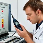 **

A technician in a clean, modern German laboratory calibrating a sound level meter. The lab should feature visible calibration certificates on the wall, and focus on the meticulous process. The scene emphasizes precision and reliability, portraying the importance of regular device maintenance. The style should be realistic and informative.

**