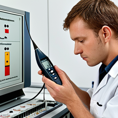 Home 11 **
A technician in a clean, modern German laboratory calibrating a sound level meter. The lab should feature visible calibration certificates on the wall, and focus on the meticulous process. The scene emphasizes precision and reliability, portraying the importance of regular device maintenance. The style should be realistic and informative.
**