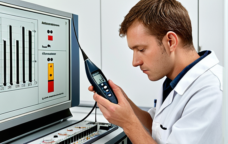 **
A technician in a clean, modern German laboratory calibrating a sound level meter. The lab should feature visible calibration certificates on the wall, and focus on the meticulous process. The scene emphasizes precision and reliability, portraying the importance of regular device maintenance. The style should be realistic and informative.
**