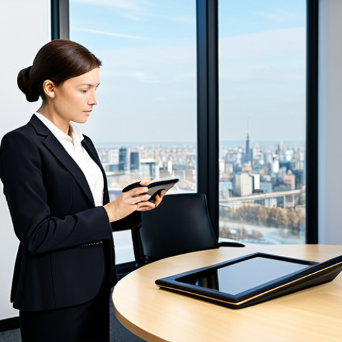 Home 6 A focused, professional noise and vibration expert, wearing a modest dark business suit and a crisp white blouse, stands in a spacious, modern, acoustically optimized office conference room. Large windows in the background reveal a city skyline. The expert holds a professional sound level meter, intently examining its display, with a digital tablet showing complex acoustic data on the table in front of them. The room is clean, well-lit, and features contemporary furniture. High-resolution, professional photography, perfect anatomy, correct proportions, natural pose, well-formed hands, proper finger count, safe for work, appropriate content, fully clothed, professional dress, modest clothing.