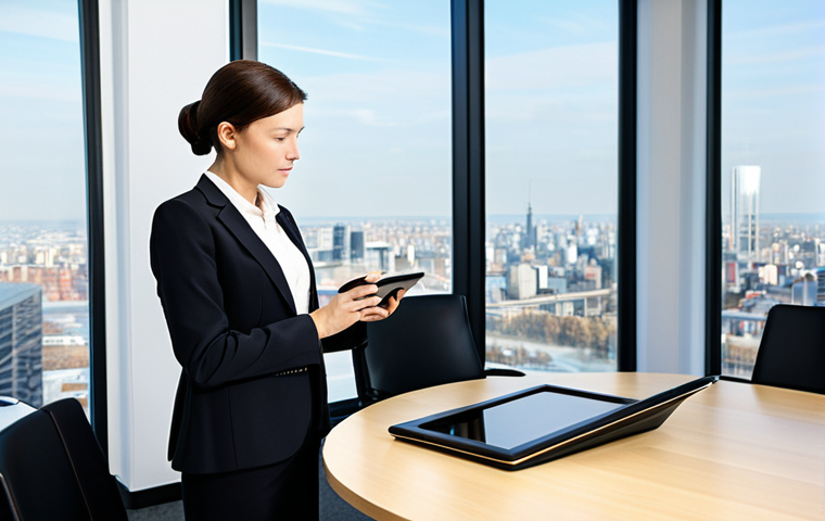 A focused, professional noise and vibration expert, wearing a modest dark business suit and a crisp white blouse, stands in a spacious, modern, acoustically optimized office conference room. Large windows in the background reveal a city skyline. The expert holds a professional sound level meter, intently examining its display, with a digital tablet showing complex acoustic data on the table in front of them. The room is clean, well-lit, and features contemporary furniture. High-resolution, professional photography, perfect anatomy, correct proportions, natural pose, well-formed hands, proper finger count, safe for work, appropriate content, fully clothed, professional dress, modest clothing.