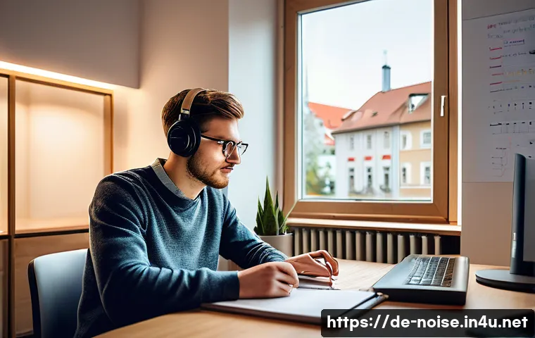 소음진동기사 자격증 준비 일정 계획하기 - A focused study scene set in a modern German home office, showing a young adult studying sound and v...