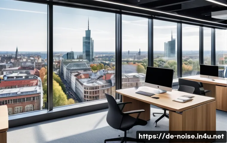 소음진동 관련 산업 현황 - A modern office interior showcasing advanced sound-absorbing materials in use, featuring nanostructu...