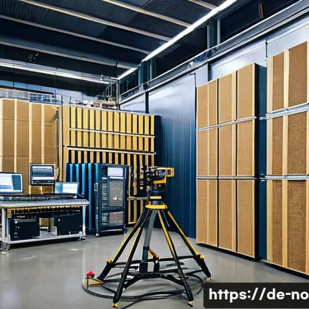 소음진동기사 실무 사례 - A detailed industrial scene inside a modern German manufacturing plant showing a sound level meter w...