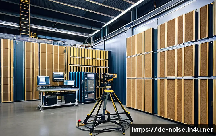 소음진동기사 실무 사례 - A detailed industrial scene inside a modern German manufacturing plant showing a sound level meter w...
