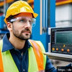 Home 22 소음진동 자격증과 해외 취업 - A professional industrial engineer wearing safety goggles, ear protection headphones, and a high-vis...