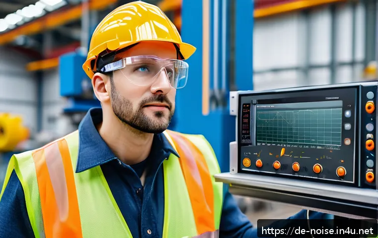 소음진동 자격증과 해외 취업 - A professional industrial engineer wearing safety goggles, ear protection headphones, and a high-vis...