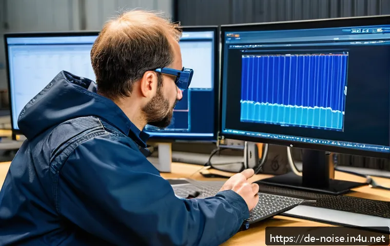 소음진동기사 이론에서 자주 나오는 문제 - A detailed industrial workshop scene showing vibration analysis in progress: a mechanical engineer w...