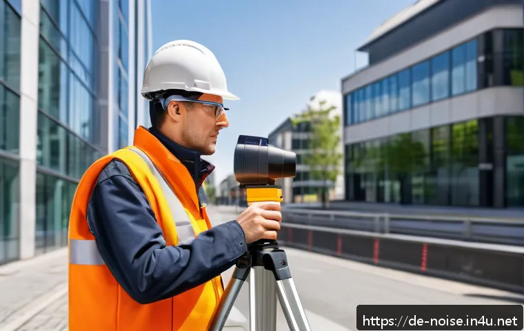 소음진동 측정 현장에서의 문제 해결 능력 - A professional sound engineer in a modern urban environment setting up advanced noise and vibration ...
