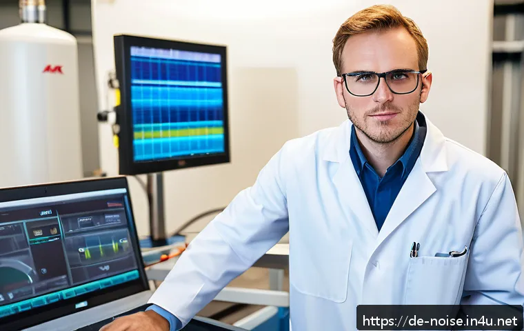 소음진동 엔지니어의 성장 사례 - A professional acoustic engineer in a modern automotive testing lab, wearing safety glasses and a la...
